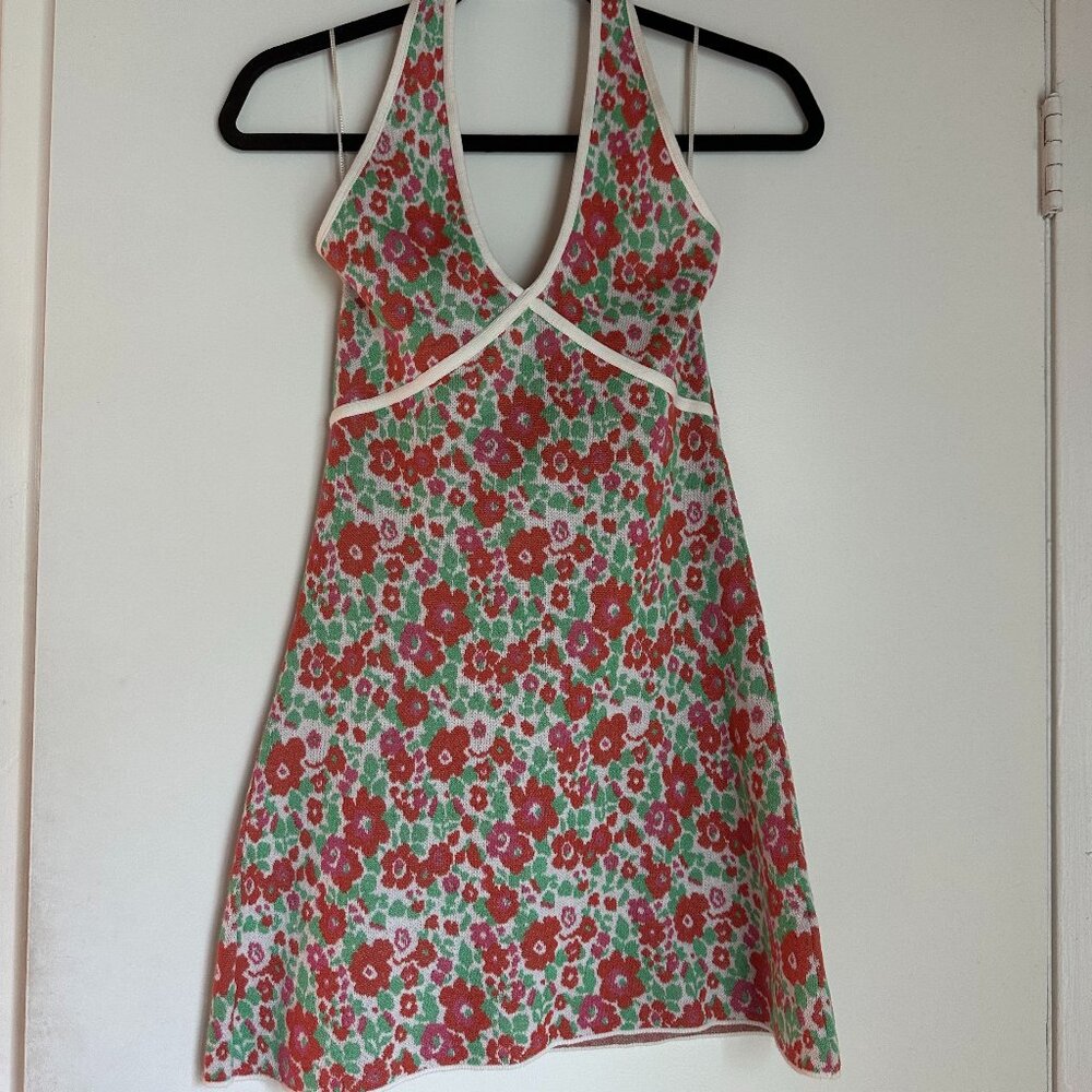 Zara Floral Knit Retro Halter Mini Dress
